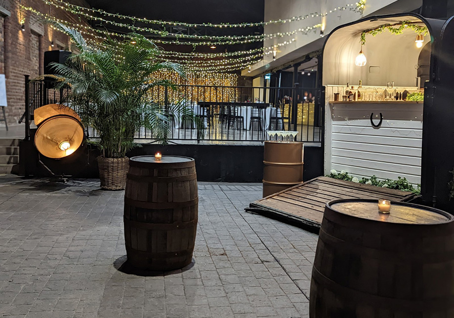 Barrel tables outside Horseshoe Box